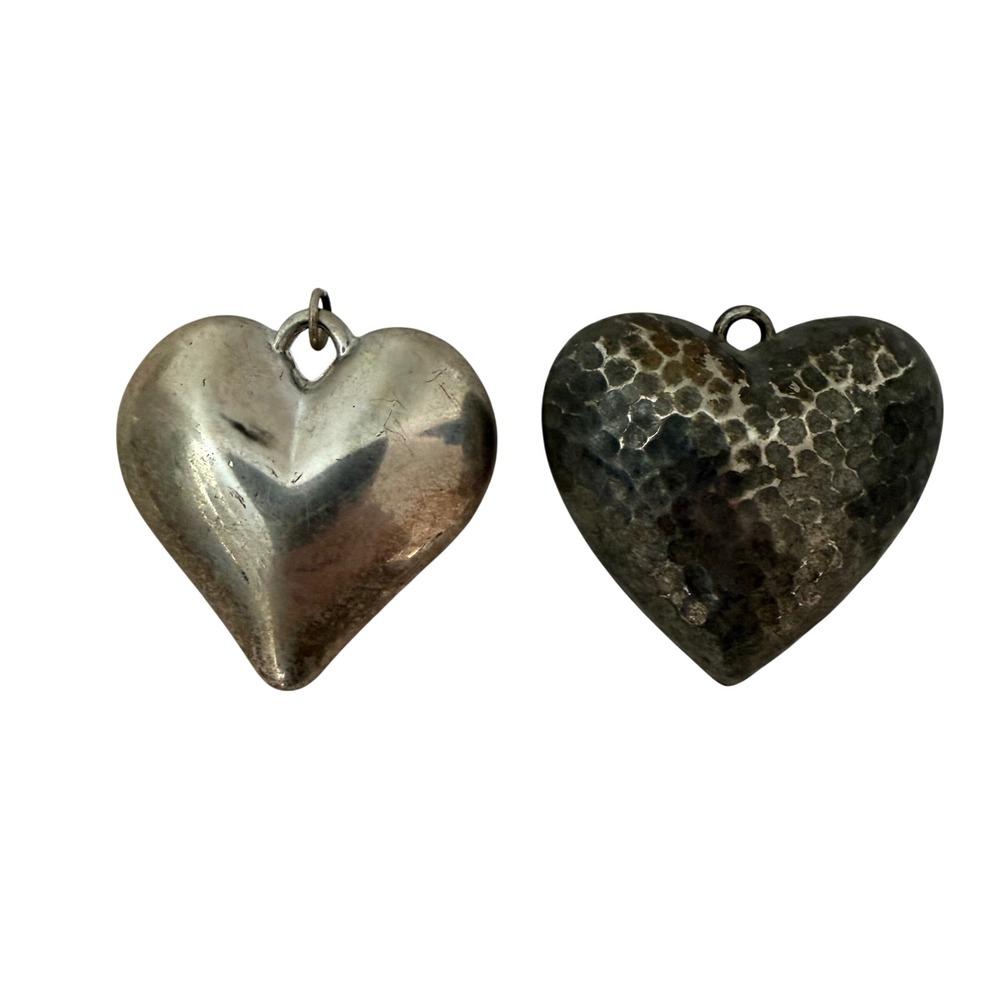 Vintage Puffy Heart Pendants Set Smooth Hammered Silver Tone Charms 1.5 Inch
